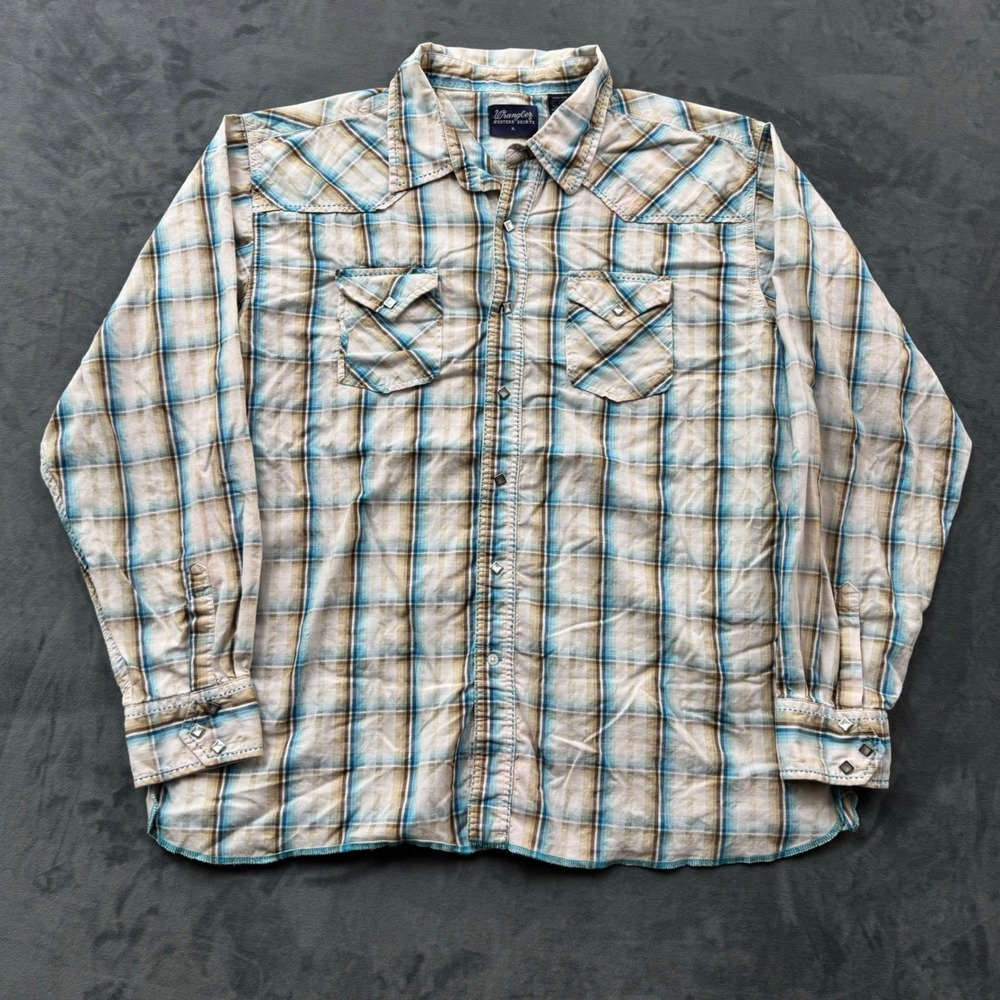 Wrangler Western Shirts Mens XL Blue Tan Plaid Pearl Snap Long Sleeve Cotton